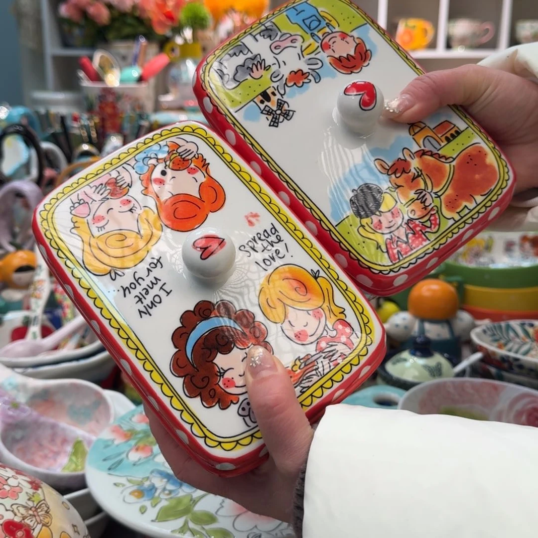 瓷片荷兰红波点黄油盒2只，闺蜜➕情侣