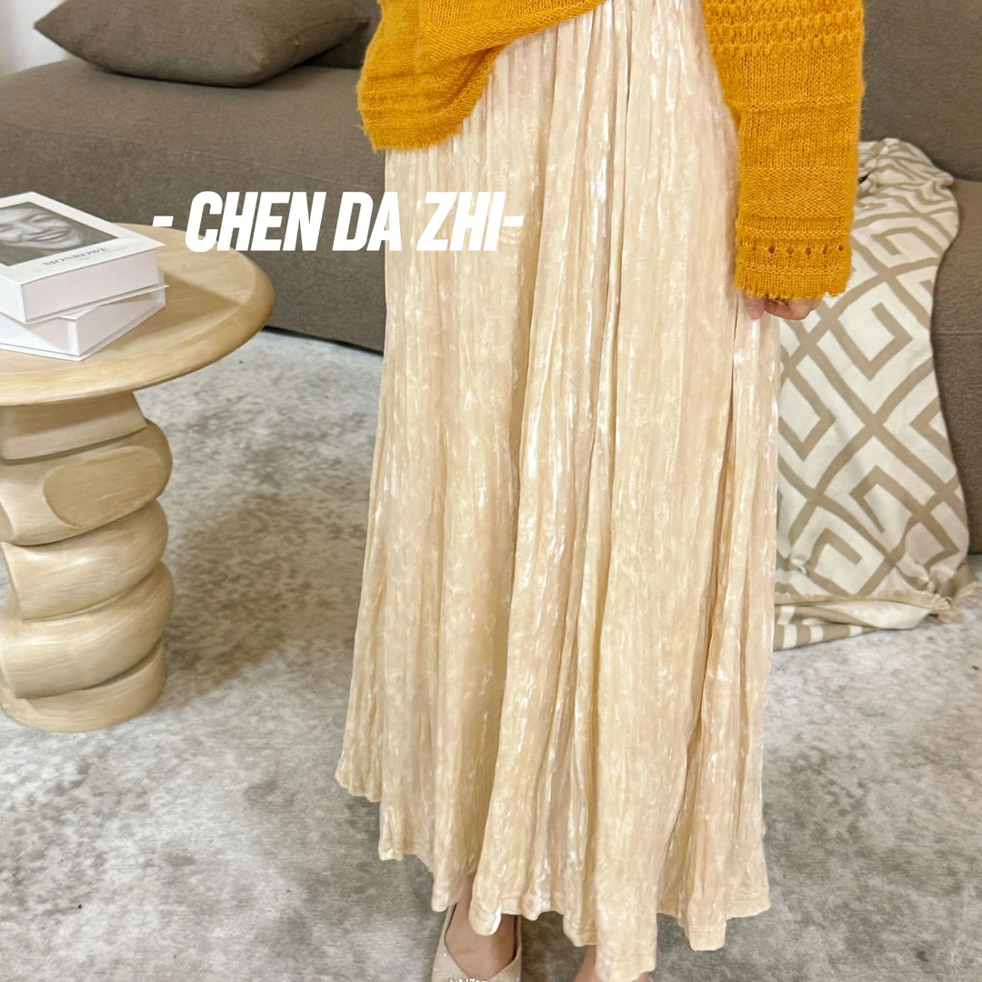 【大只定制】柔漾丝光  新款时尚气质压皱高腰丝绒半身裙5QKSJ10315