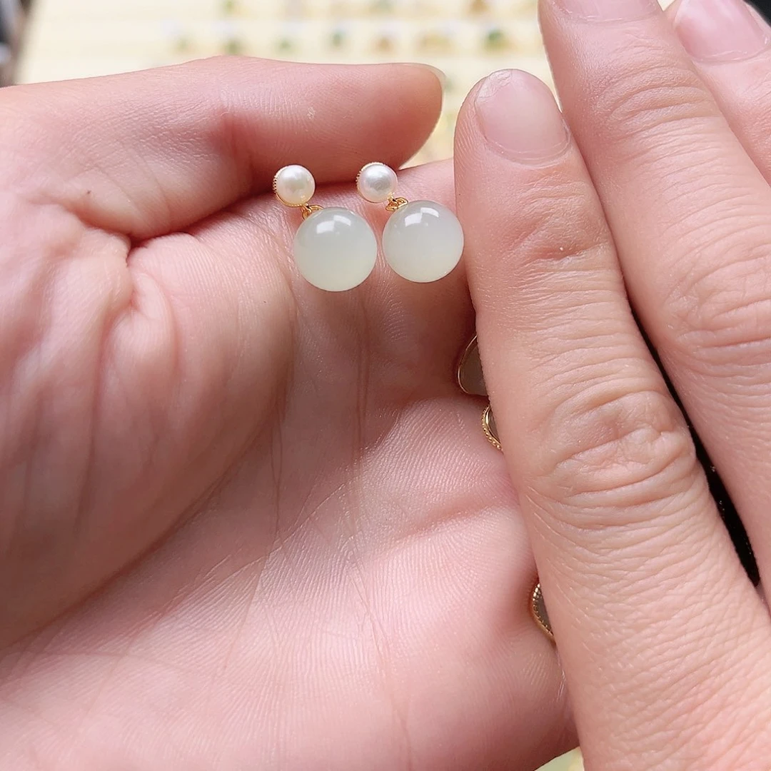 和田玉银S925镶嵌耳饰