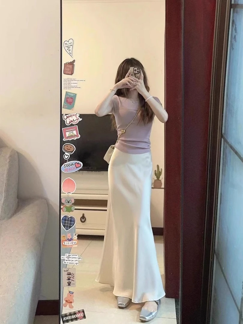 夏季2025新款夏装搭配韩系减龄茶系穿搭紫色上衣鱼尾半身裙套装