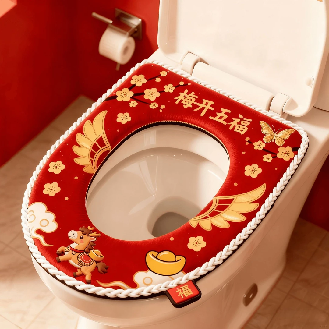 2026年新款马桶坐垫毛绒家用四季通用垫圈冬季加厚拉链喜庆FFF