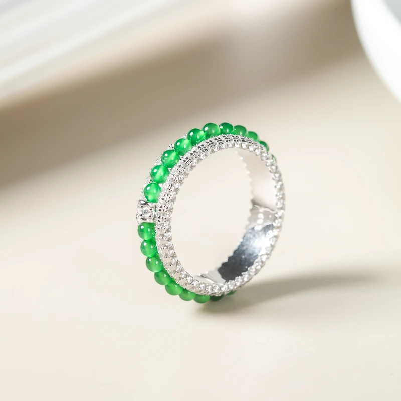 天然A货翡翠8282/112155满色珠子戒圈国标s925银镶嵌精品圈口自选