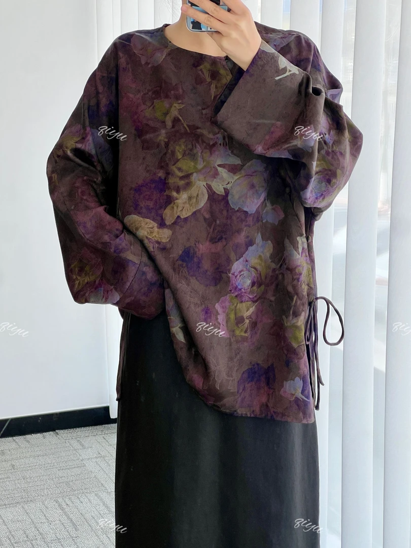 祈羽 100桑蚕丝 香云纱 五福扣紫色晕染大花 长袖上衣毛衫 花罗
