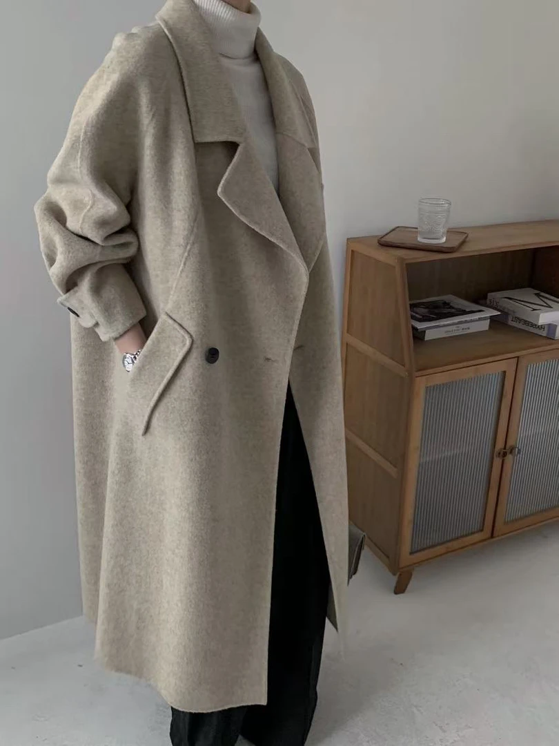 新款出口外单西装领气质中长款保暖双面羊毛大衣
