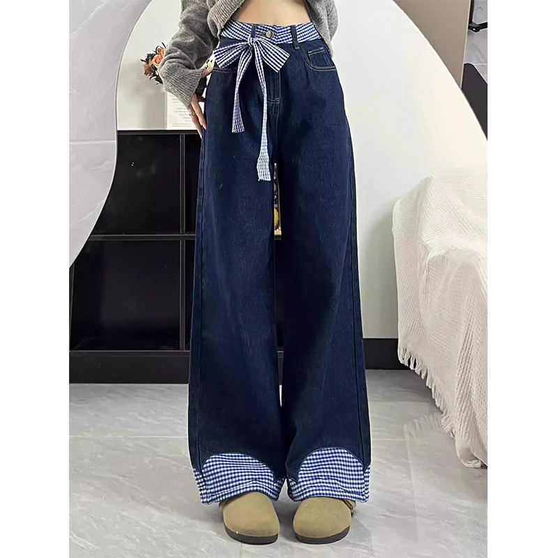 少女感蝴蝶结拼接牛仔裤女春秋季新款设计感高腰显瘦休闲阔腿裤子