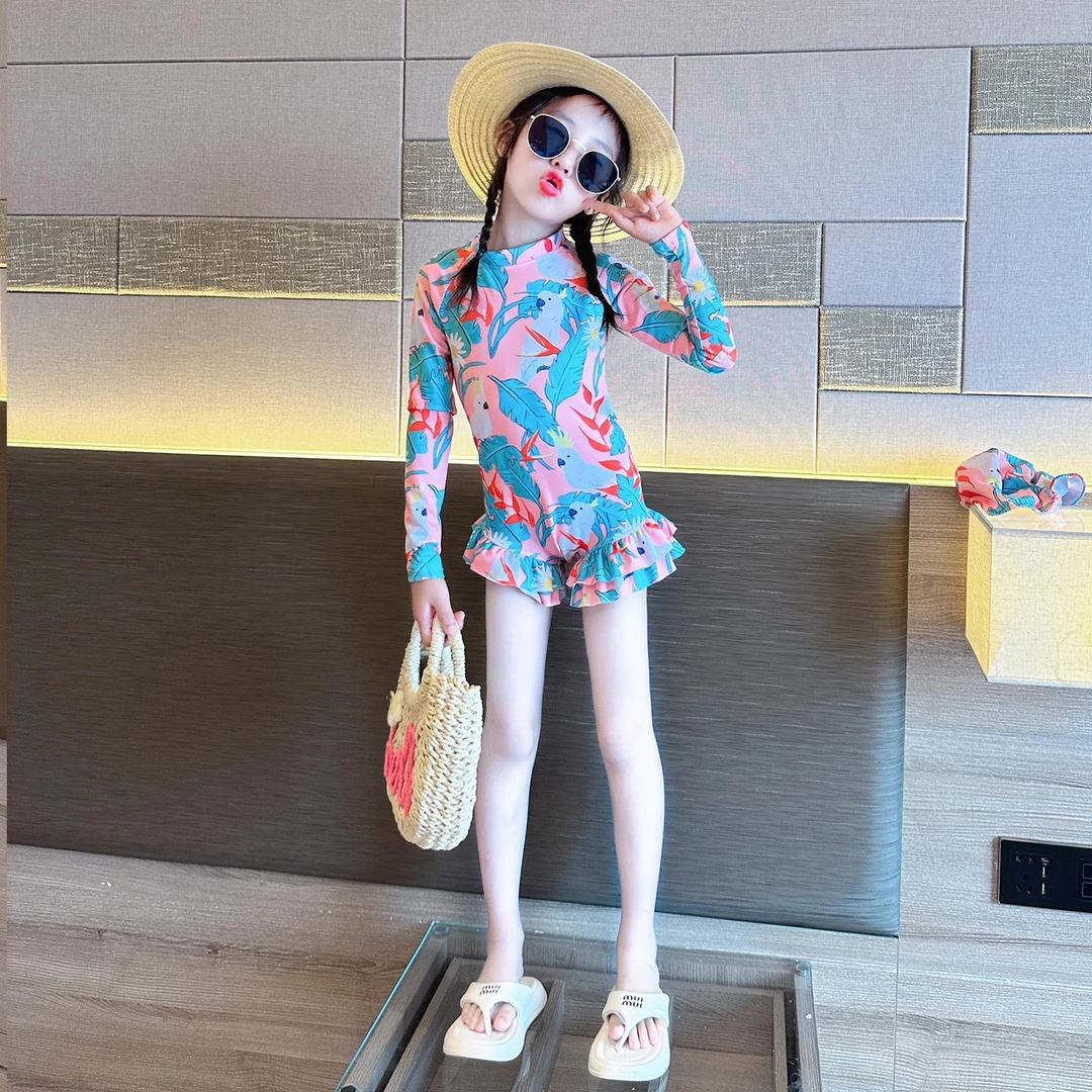 女童泳衣夏装2025新款女大童长袖防晒专用游泳衣儿童夏季连体泳装