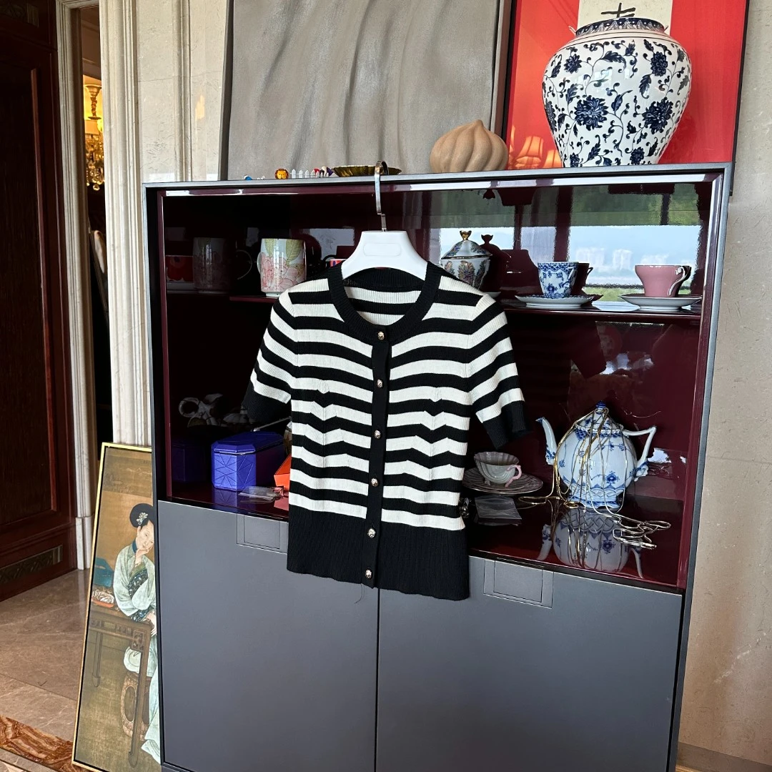 MYL 羊毛条纹针织开衫2023春夏新品圆领短袖单排扣显瘦上衣0