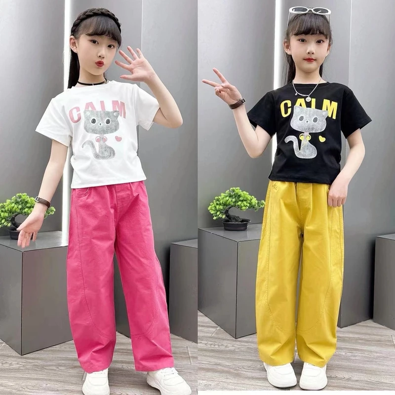 女童套装夏款2025新款洋气烫钻猫咪休闲短袖中大童夏季裤子两件套