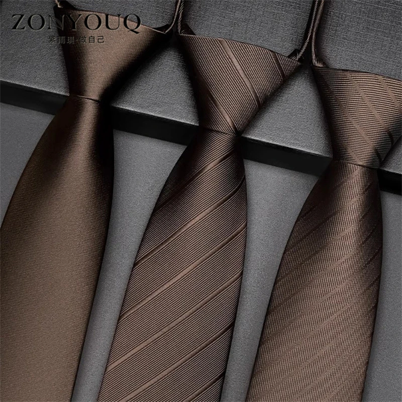 ZONYOUQ领带男棕色斜纹正装商务拉链式易拉得结婚新郎免手打懒人