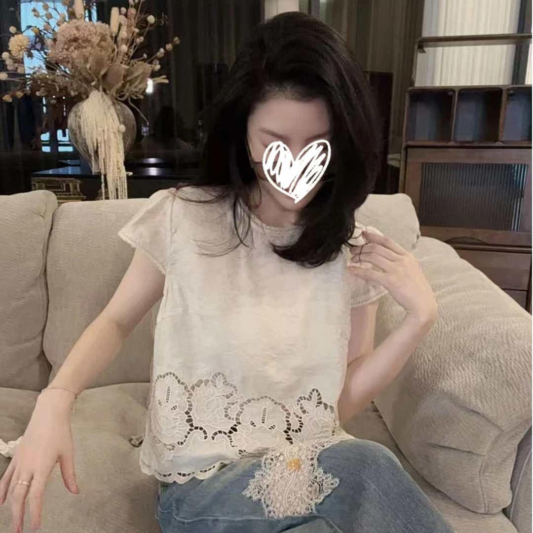 【悦悦专属】新款简约百搭镂空蕾丝拼接短袖上衣Y643