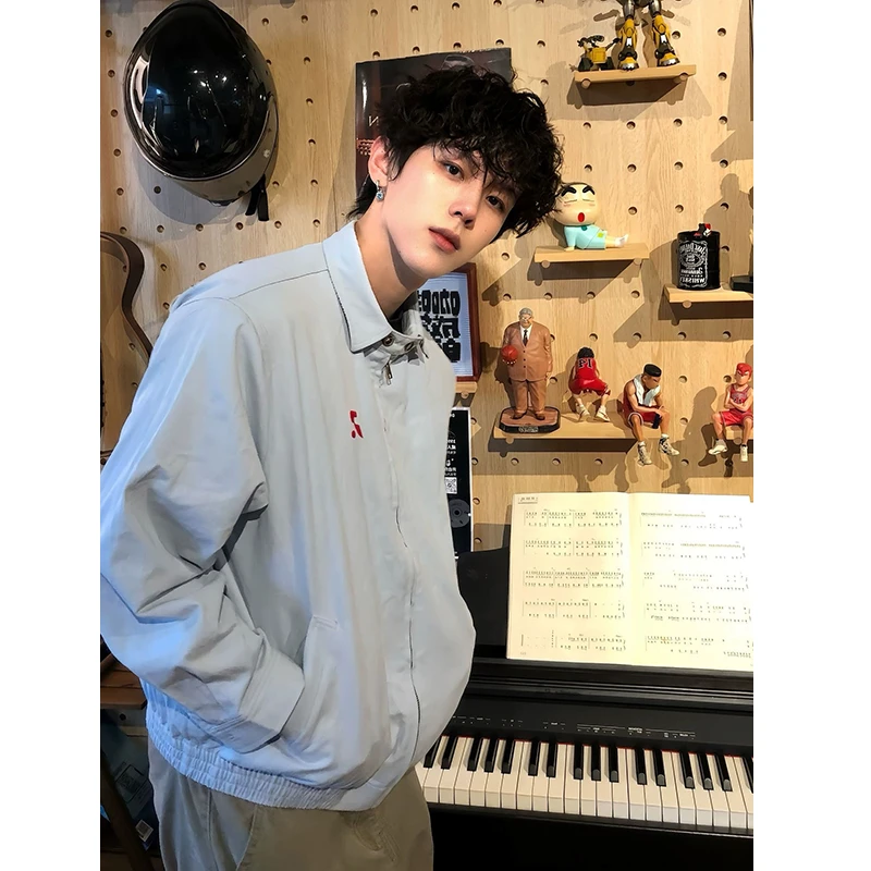 美式复古天蓝色衬衫外套男秋季短款哈灵顿夹克cleanfit翻领棒球服