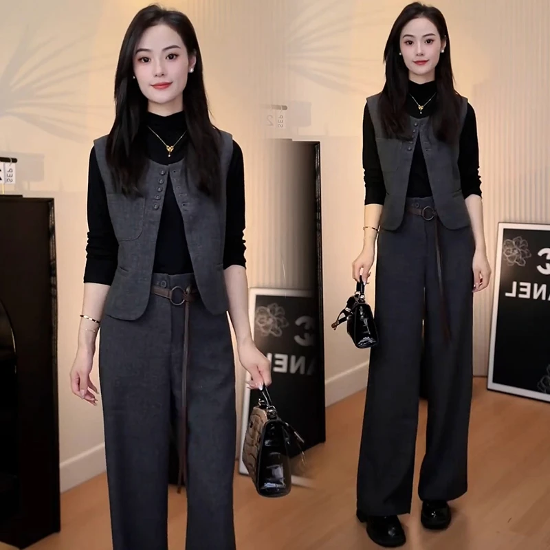 时尚套装女2025秋季新款洋气显瘦半高领打底衫马甲阔腿裤两件套潮