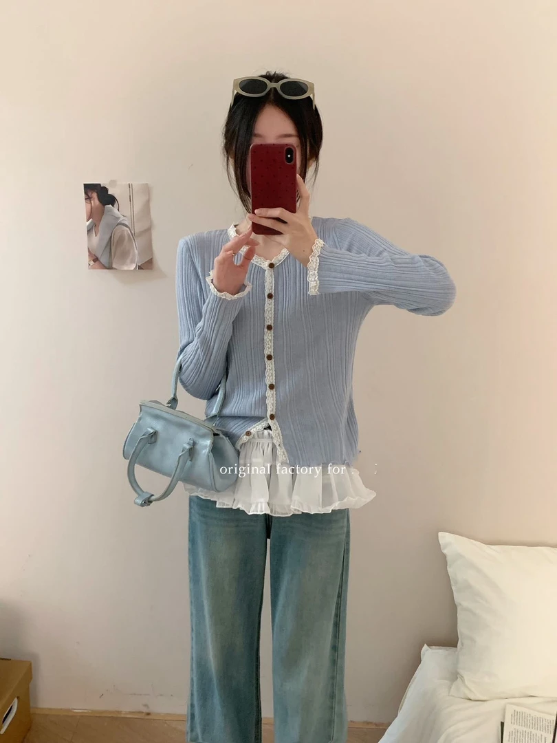 春季长袖拼接毛针织衫多金家女装外穿小众秋季复古显瘦针织衫