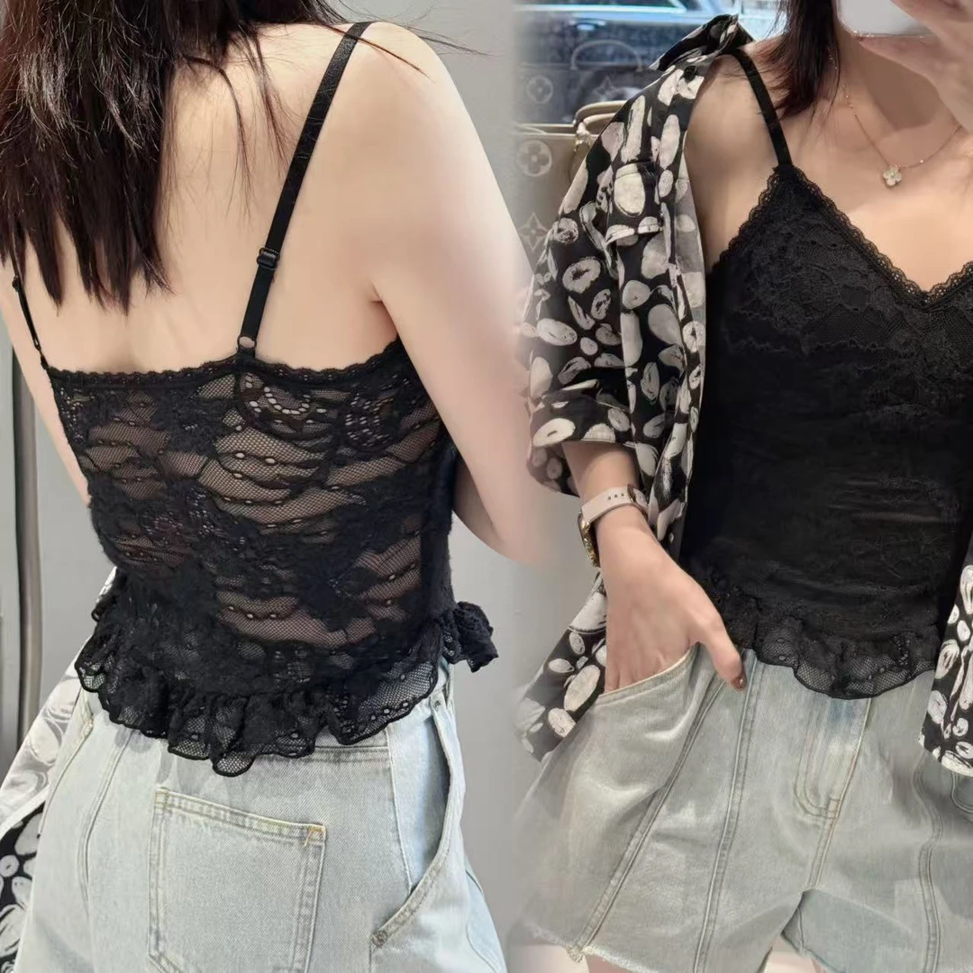3公主 俏皮蕾丝美背 早秋纯欲荷叶边吊带背心自带胸垫V领百搭上衣