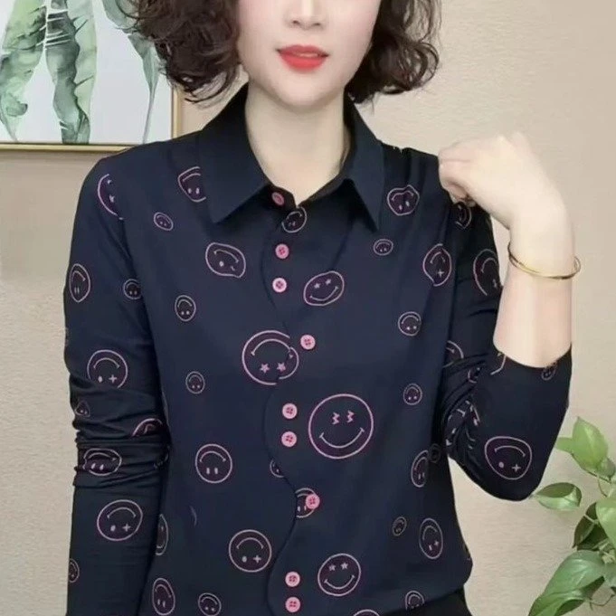 新款时尚洋气拼接长袖翻领T恤百搭ol显瘦打底衫气质大码宽松上衣