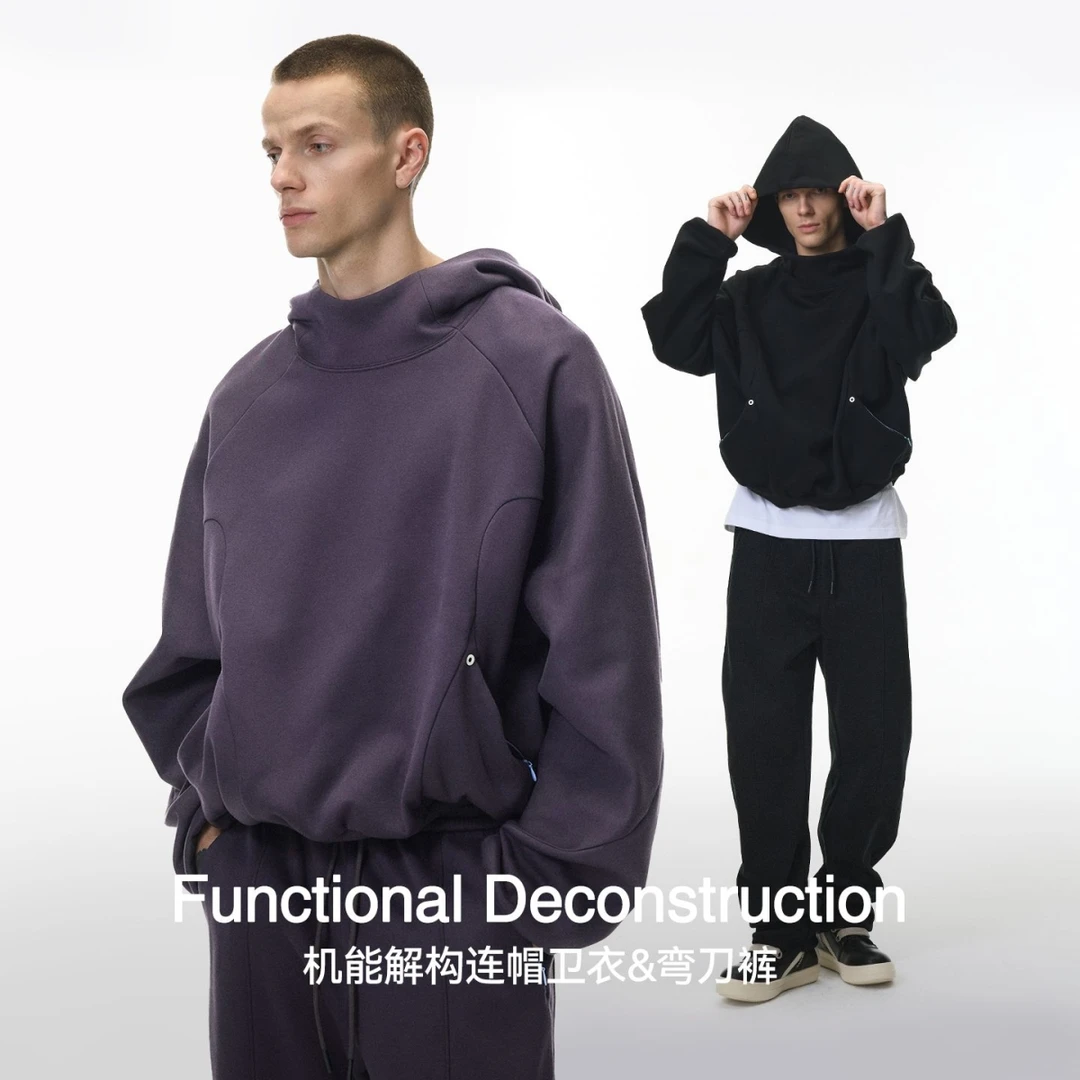 机能解构加绒卫衣套装2025冬季新品蛋壳绒连帽衫弯刀卫裤秋冬休闲