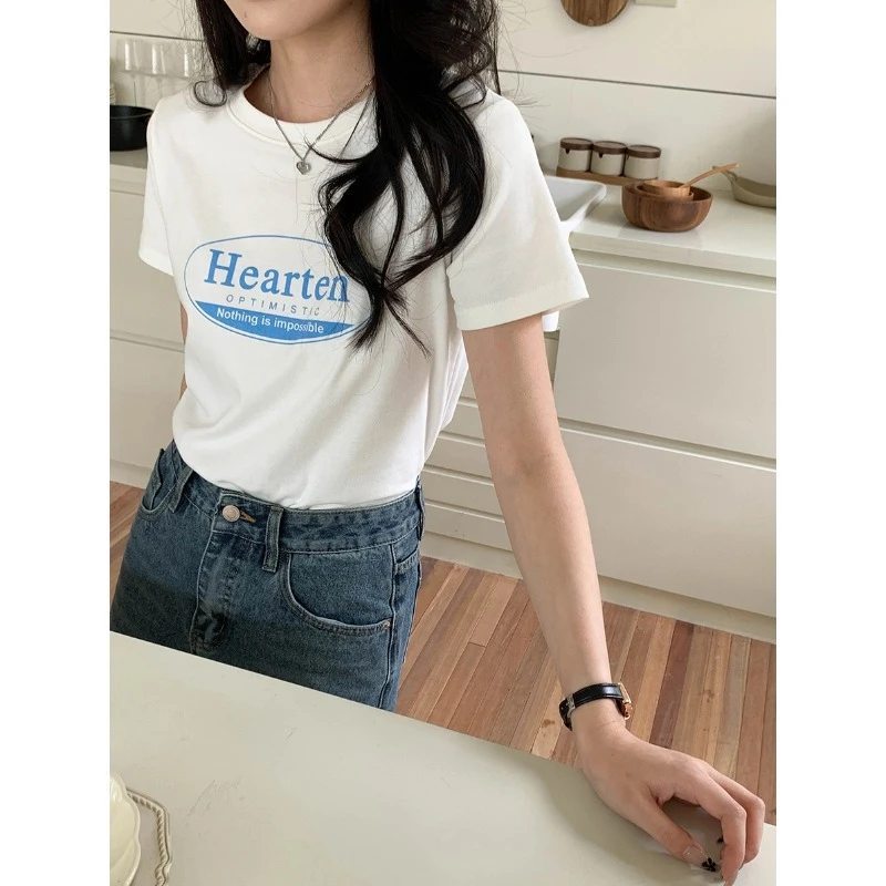 轻松出门 ins博主风字母印花正肩T恤短袖短款百搭夏季小众休闲