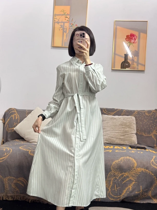 法式气质条纹衬衫连衣裙小众设计精致长裙