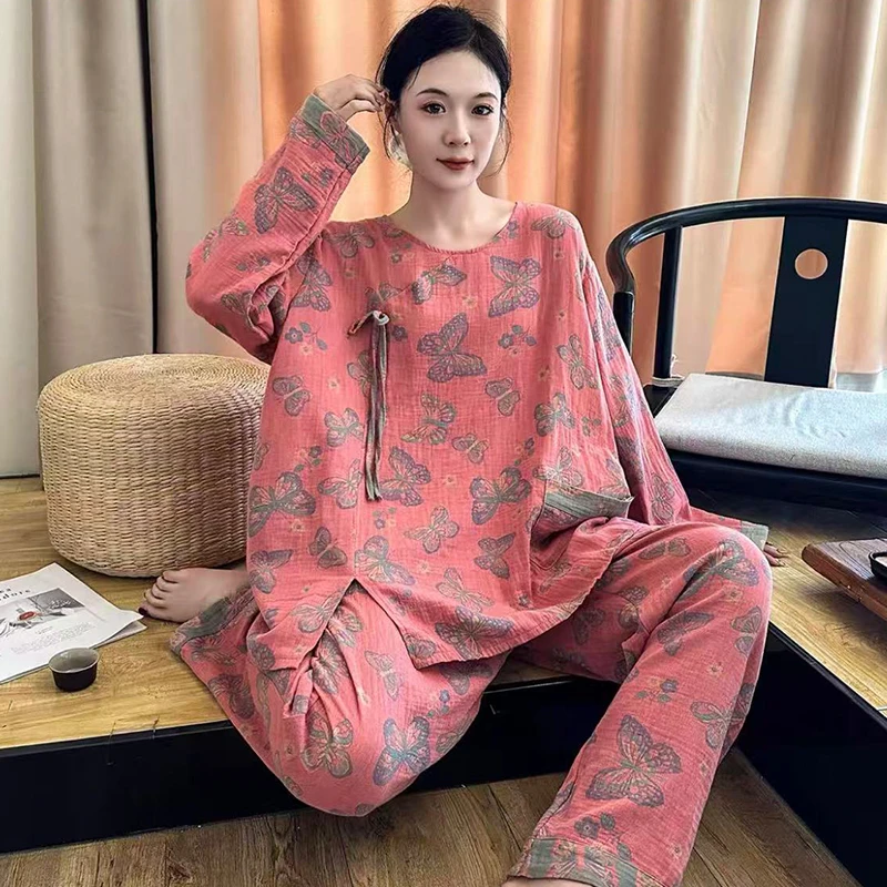 加肥加大码纯棉睡衣胖mm春秋季中式复古双层纱长袖家居服女200斤