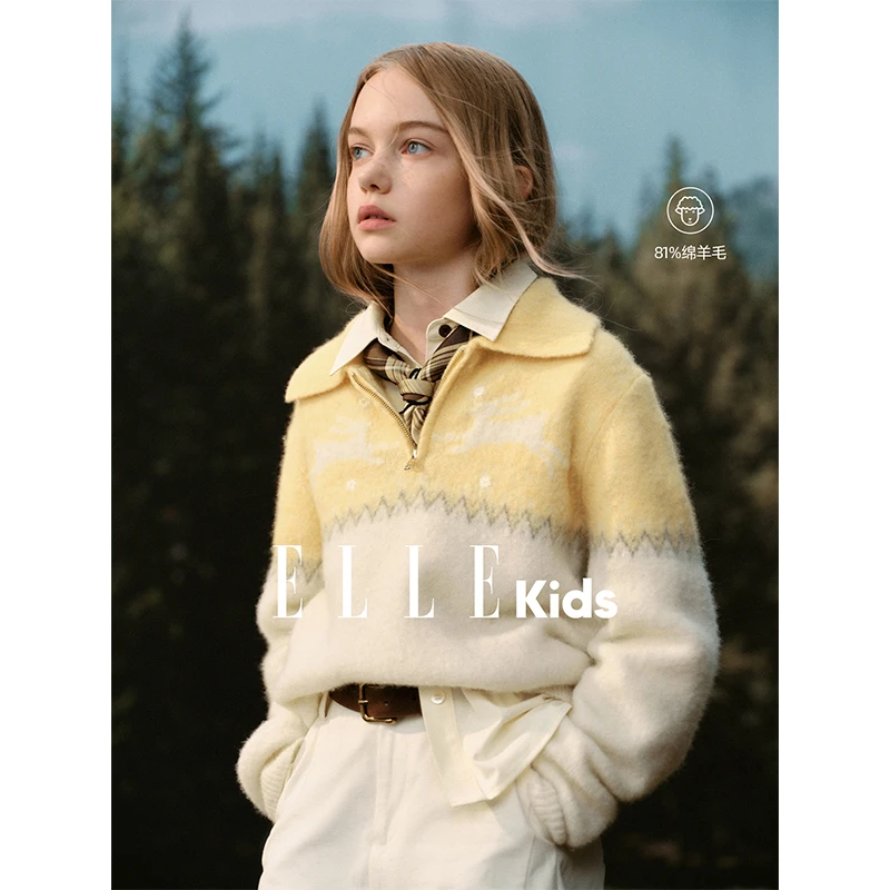 ELLEKIDS童装小兔提花翻领毛衣女童秋季新款绣花羊毛混纺针织衫Q4