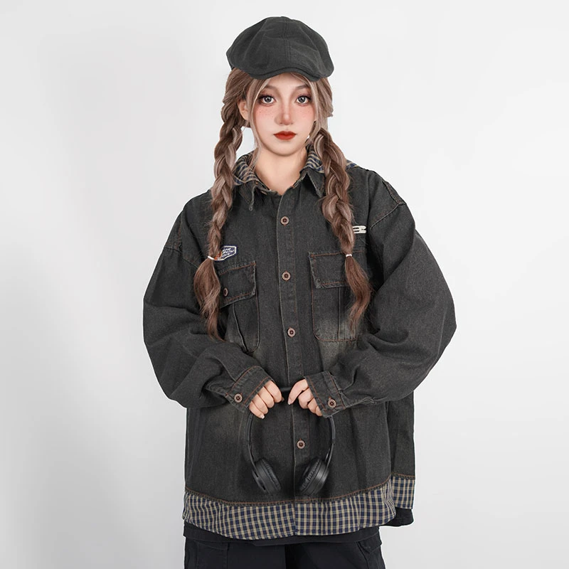 PEEKABOO 美式复古假两件高街连帽牛仔男女同款设计感宽松夹克