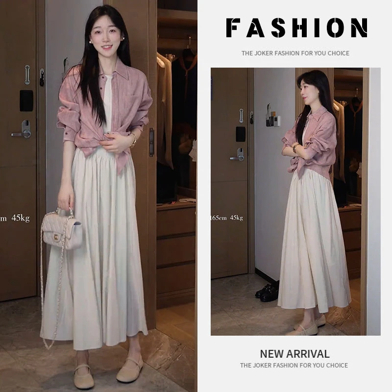 早春一整套女装2025新款韩版温柔风遮肉衬衫白色无袖连衣裙两件套