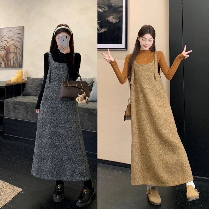 YNVO时尚~2025新款孕妇装秋冬装 毛呢背带裙打底毛衣两件套