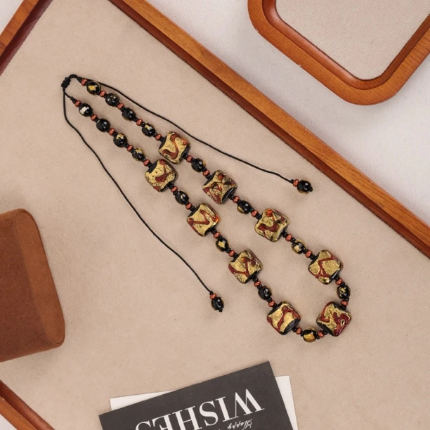 合金项链 （希媛专属）LZ2159黑金红色金箔方块绳编琉璃项链