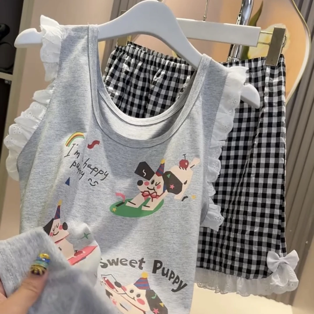 夏季女士蕾丝花边小狗印花背心短裤可外穿睡衣套装