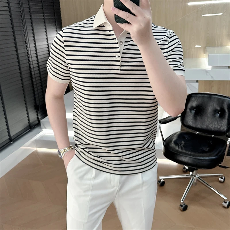2025夏季新款欧货时尚男士条纹冰麻针织polo衫条领修身休闲T恤