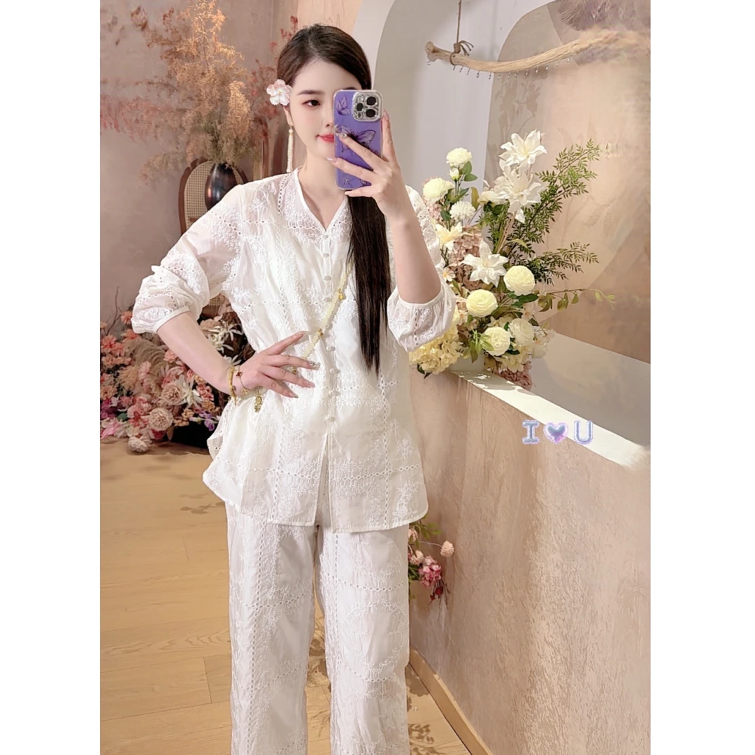 【沐晴】2024新款夏季新中式上衣+长裤镂空提花薄款国风两件套装女