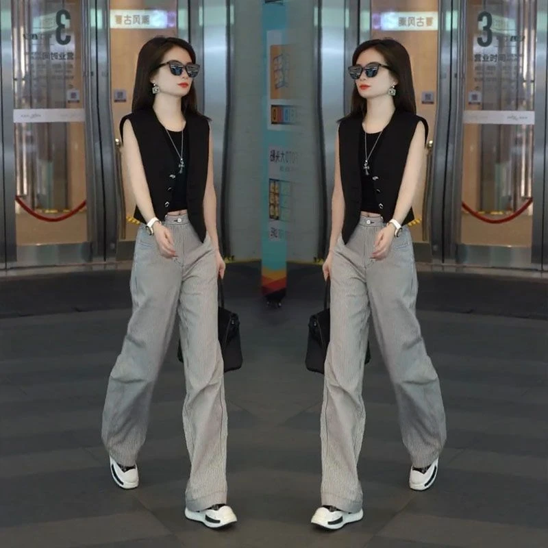 欧货网红2025春夏高档通勤OL名媛风职业马甲高腰条纹阔腿裤两件套