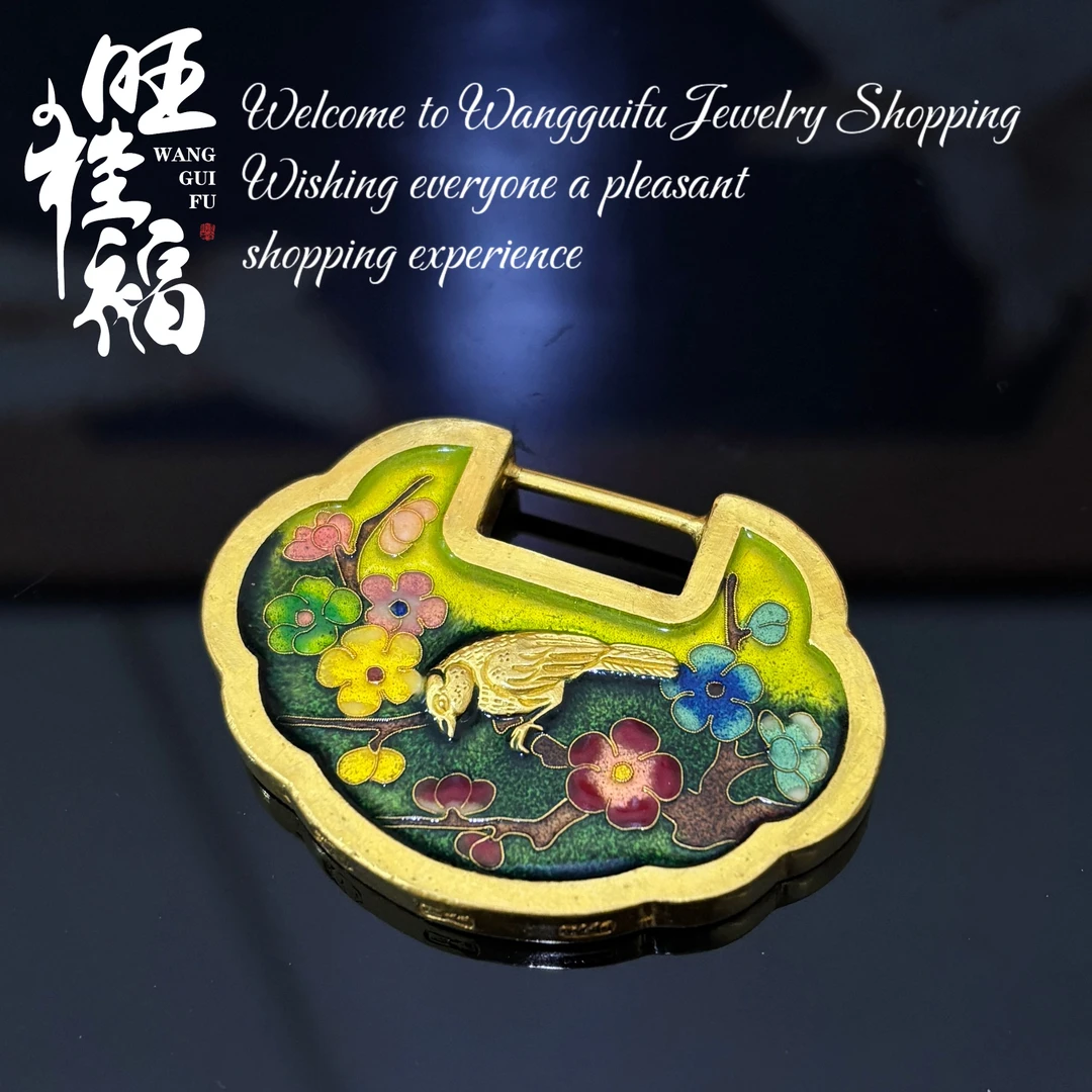 旺桂福传承珠宝足金999高温烧蓝喜上枝头锁包24.15克 单吊坠