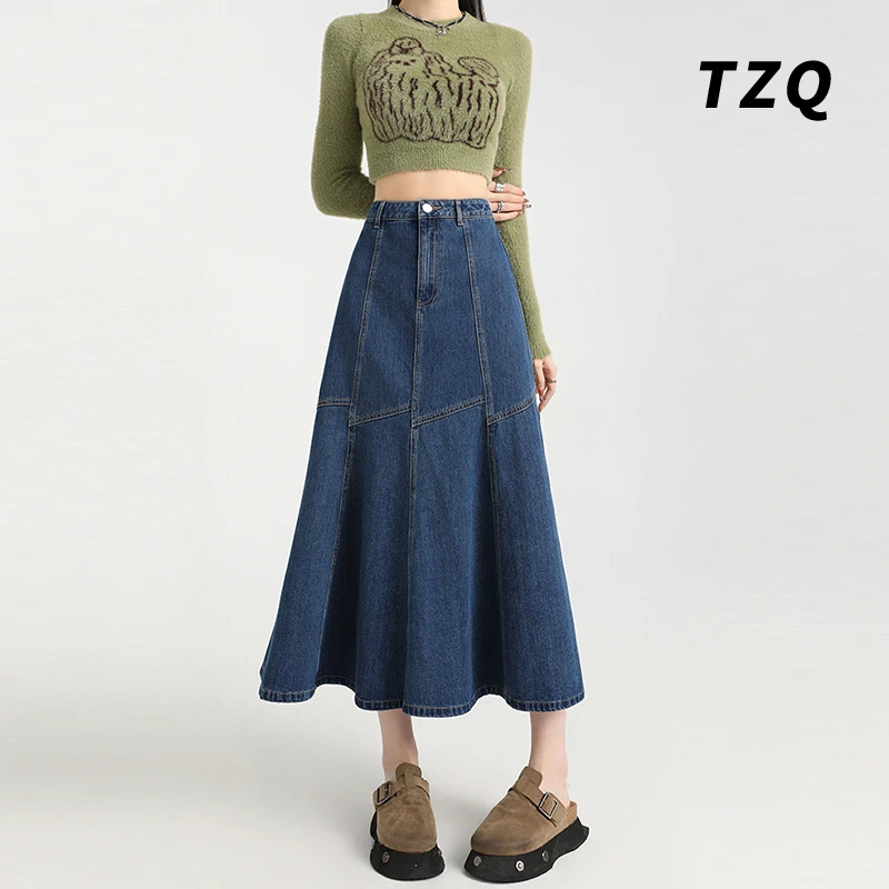 拼接复古牛仔半身裙女夏季2025新款中长款百褶a字裙子TZQ2520504