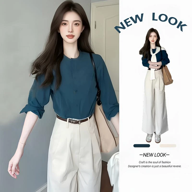 2025秋季新款圆领衬衫搭披肩阔腿裤三件套装日式清新静奢风