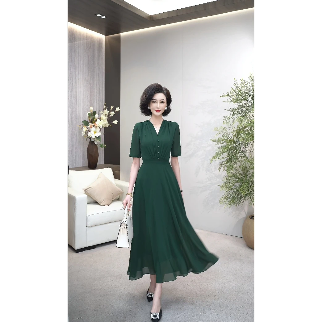 2025夏季新品高级富贵绿莱赛尔天丝乔其纱v领奢雅连衣裙WF3269