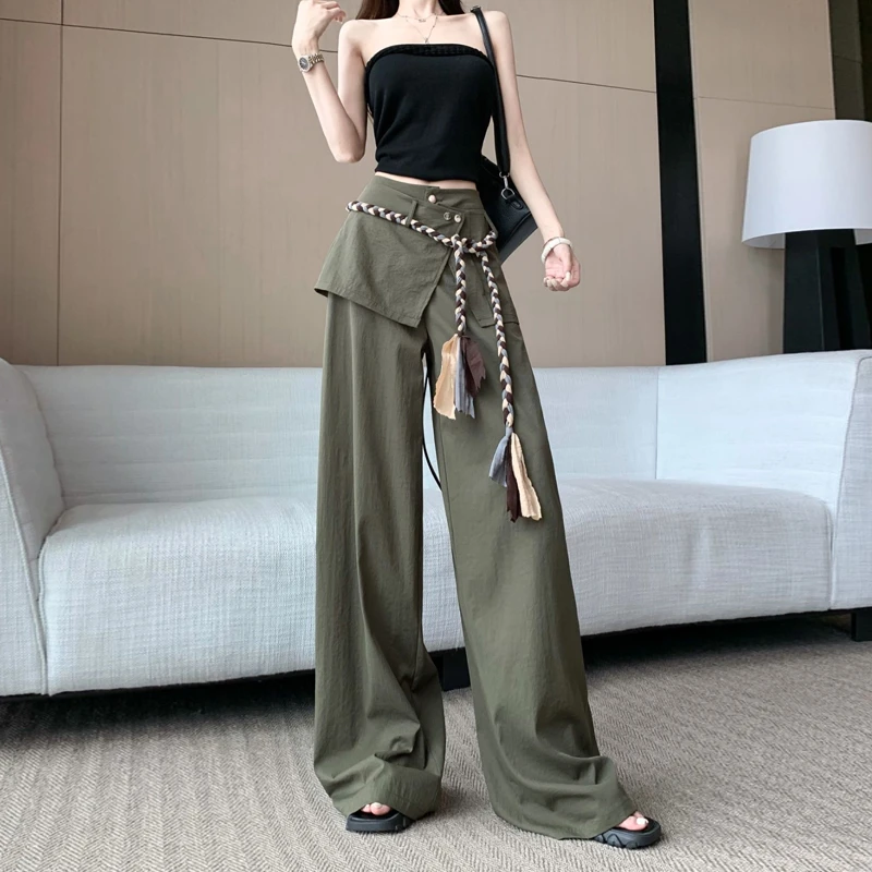 美式工装风小众屁帘拼接裙裤女夏季新款复古高腰显瘦休闲拖地长裤