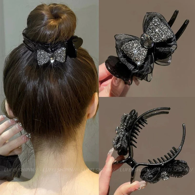 水钻蝴蝶结丸子头抓夹女高级感后脑勺盘发神器网红发卡夹子头饰