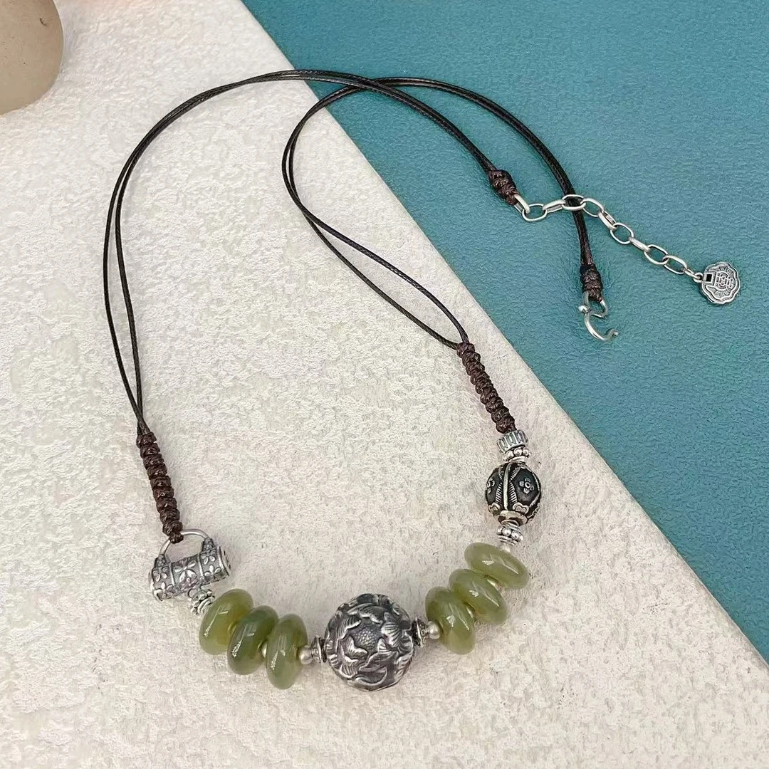 气质时尚百搭编织可调节民族风s925银圆球雕花项链民族风饰品372