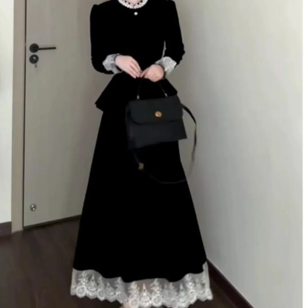 【丸子家】大码赫本小香风高级丝绒礼服连衣裙三件套（腰带款）6248