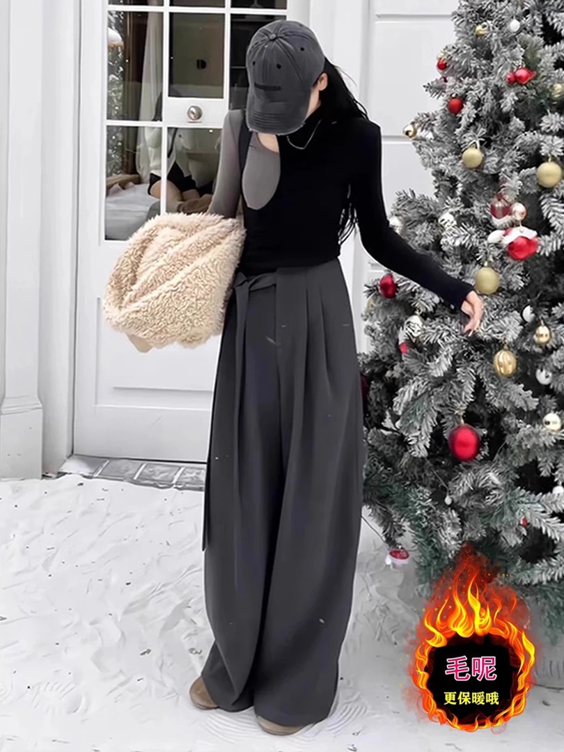 高级感灰色毛呢裤阔腿裤女秋冬新款大码宽松高腰垂感系带休闲裤子