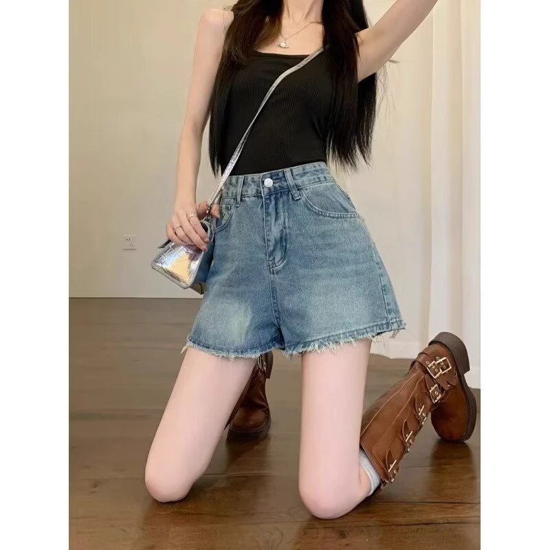 夏季新款高腰牛仔短裤女小众设计宽松百搭显瘦A字阔腿热裤牛仔裤