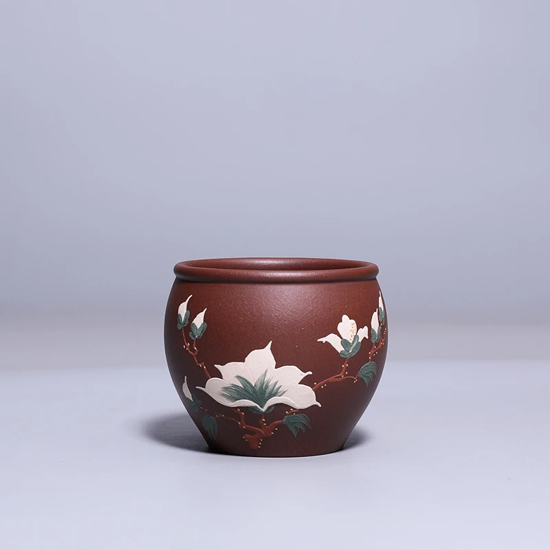 宜兴紫砂小杯底槽青水缸款玉兰