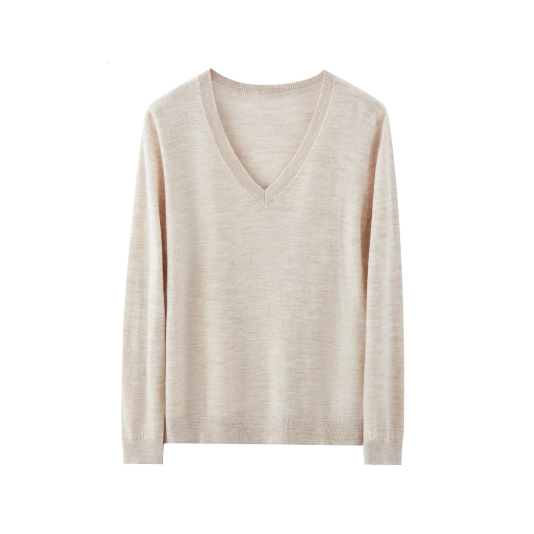 100%羊毛秋冬V领长袖上衣女装内搭羊毛修身针织纯色打底衫