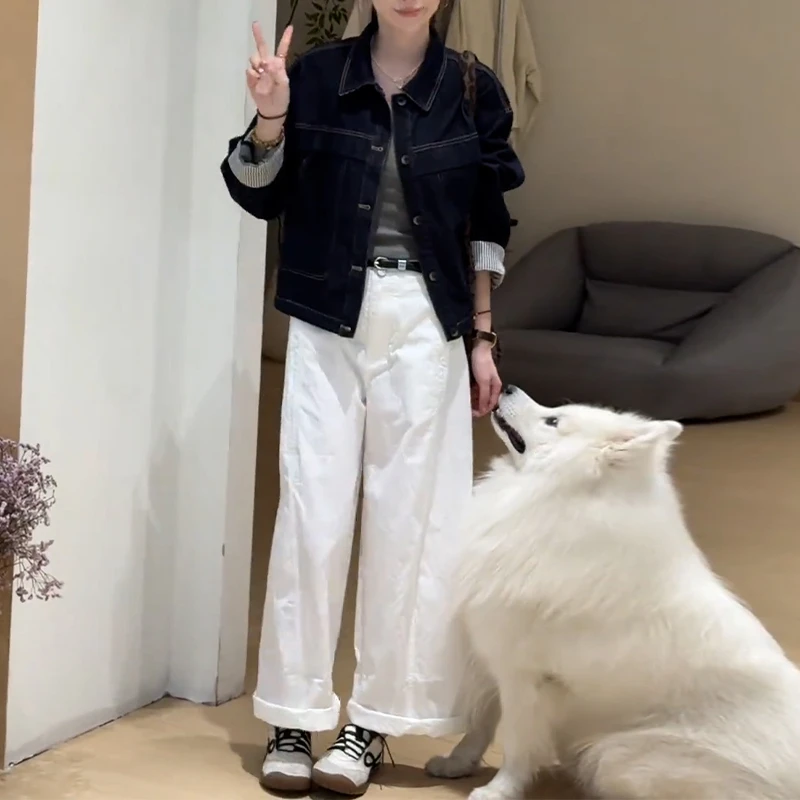 老钱风松驰感套装女2025年春秋新款撞色水洗牛仔外套阔腿裤两件套