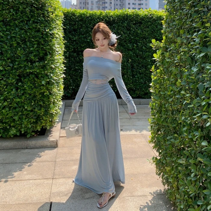 一字肩蕾丝鱼骨收腰长袖T恤女春季辣妹套装高腰a字裙半身裙两件套