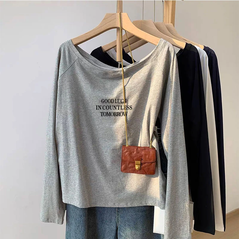 2025新款爆款一字肩长袖t恤女装ins时尚百搭减龄显瘦上衣秋季