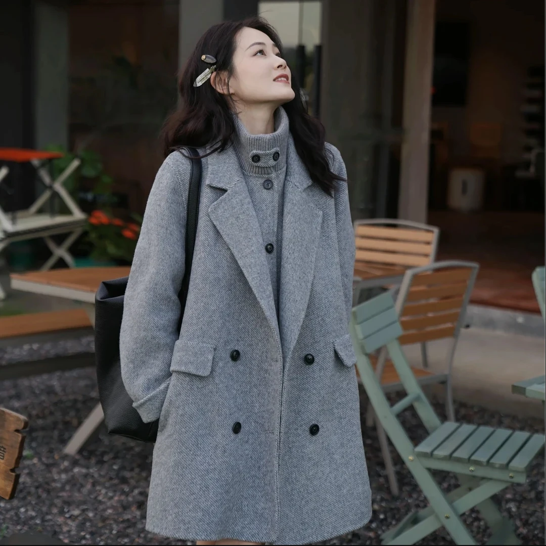 MF美菲/马甲2件套中长款街头风双面羊毛大衣短款秋冬韩版毛呢外套