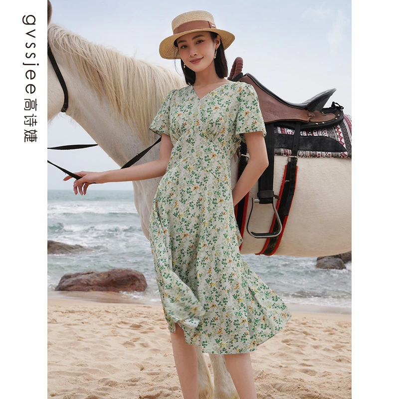 高诗婕夏季新品商场同款女士V领碎花气质连衣裙242463108-50