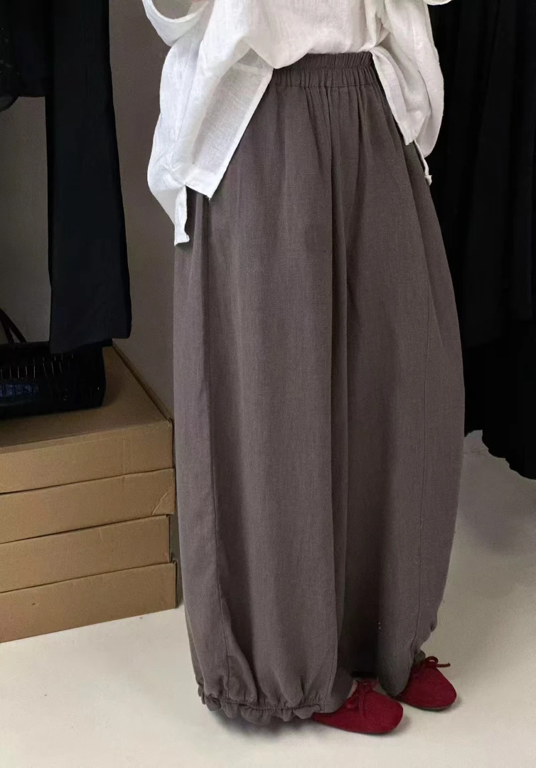 【清仓no退换】100亚麻松紧腰 裤脚木耳边 三色花苞裤休闲裤